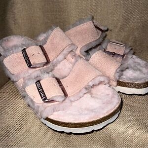 Birkenstock Shearling Lined Arizona Suede Sandals Slippers 37 /6 Pink Light Rose